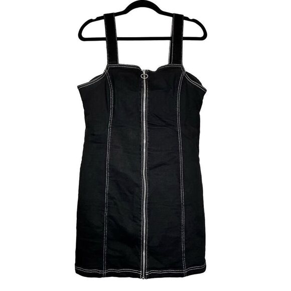 Topshop Stitch Denim Zip Pinafore Singlet Overall Dress Black White Size 12 - Picture 1 of 4
